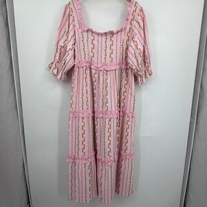 Neon Rose Pink Citrus Print Tiered Midi Dress NWT Size 18 Cotton Puff Sleeve